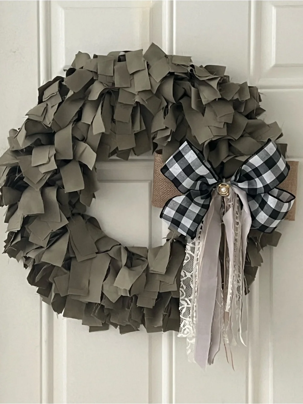 Farmhouse Neutral green  Rag Wreath with Black Buffalo Check Bow - Home